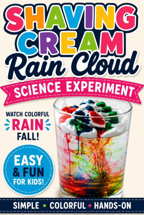 Shaving cream rain cloud experiment in a clear glass with colorful food coloring dripping through the shaving cream into the water below.