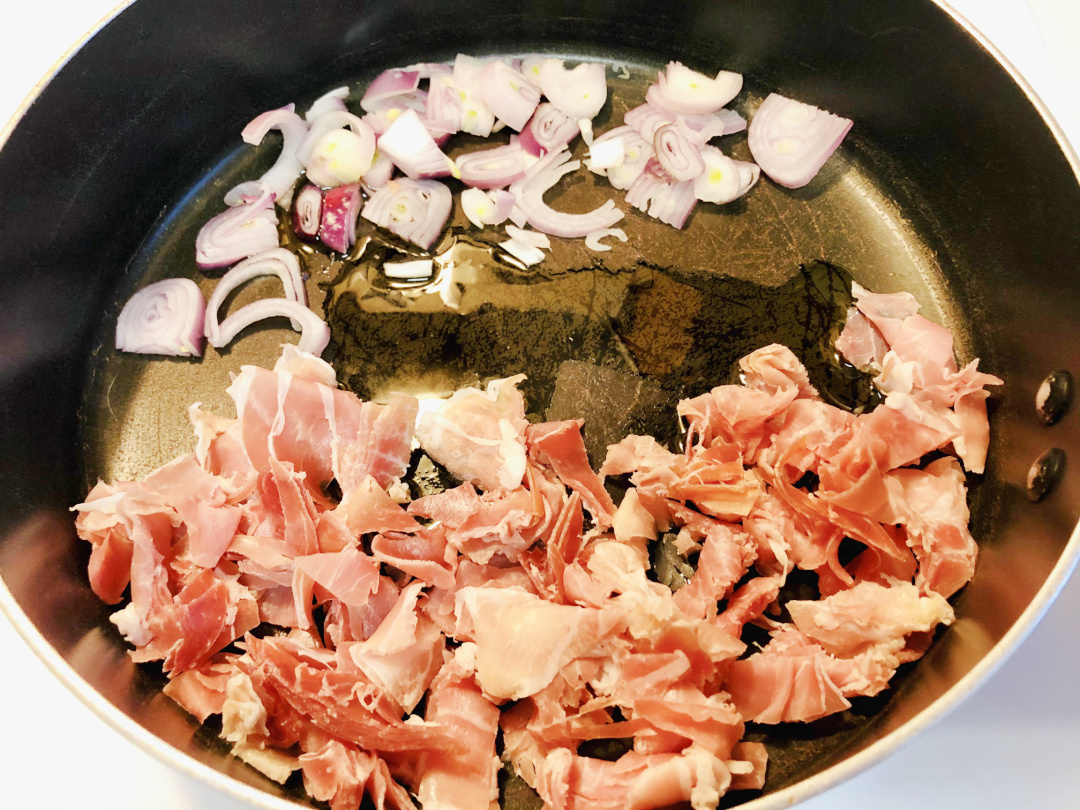 ham and shallots in a pan