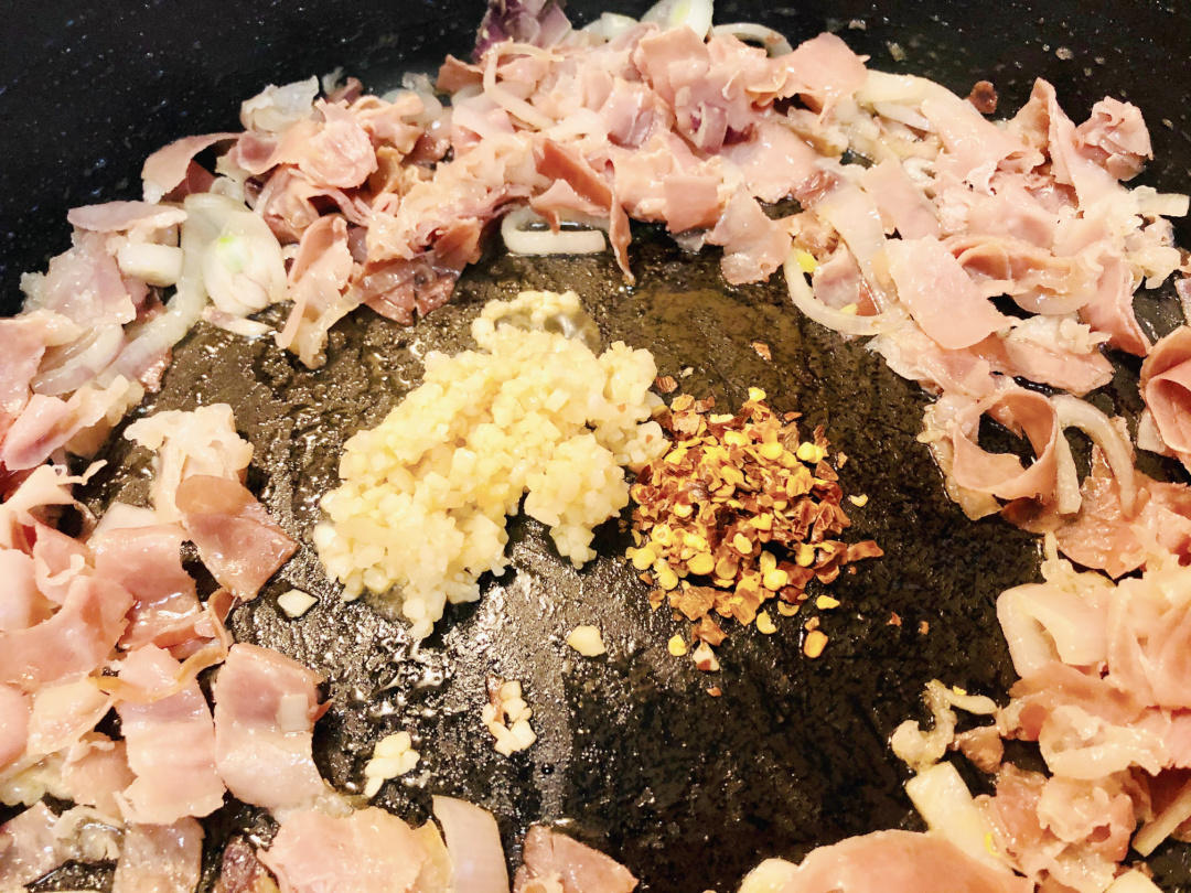 ham and shallots in a pan with spices