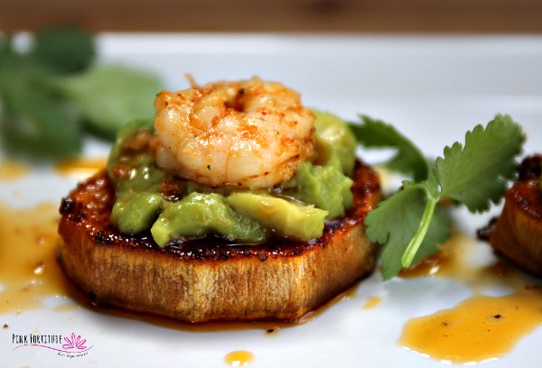 sweet potato bites with avocado and shrimp