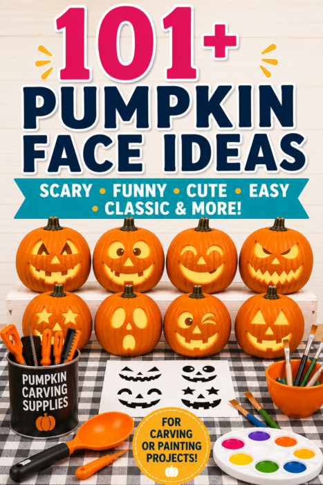Pinterest pin featuring the title '101+ Pumpkin Face Ideas' above eight family-friendly carved pumpkins with different facial expressions. The image includes printable pumpkin face stencils, pumpkin carving tools, paint supplies, and a badge highlighting carving or painting projects for Halloween.