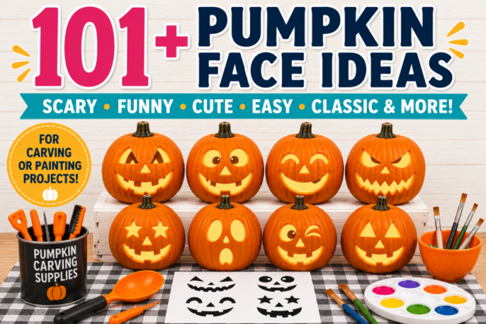 Family-friendly Halloween craft setup featuring eight carved pumpkins with different facial expressions, pumpkin carving tools, paint supplies, printable pumpkin face stencil sheet, and the title '101+ Pumpkin Face Ideas' with categories including scary, funny, cute, easy, and classic.