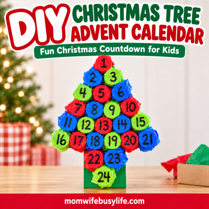 DIY Christmas Tree Advent Calendar made with 24 colorful red, green, and blue tissue paper-wrapped surprises, numbered 1 through 24. Fun homemade Christmas countdown activity for kids.