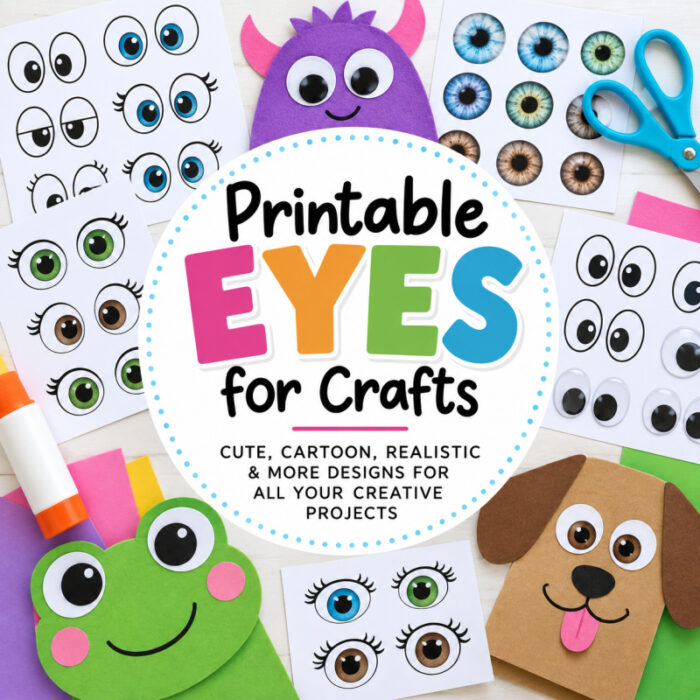 Printable eyes for crafts with cute cartoon, realistic, and googly eye designs displayed with colorful paper animal and monster craft examples.