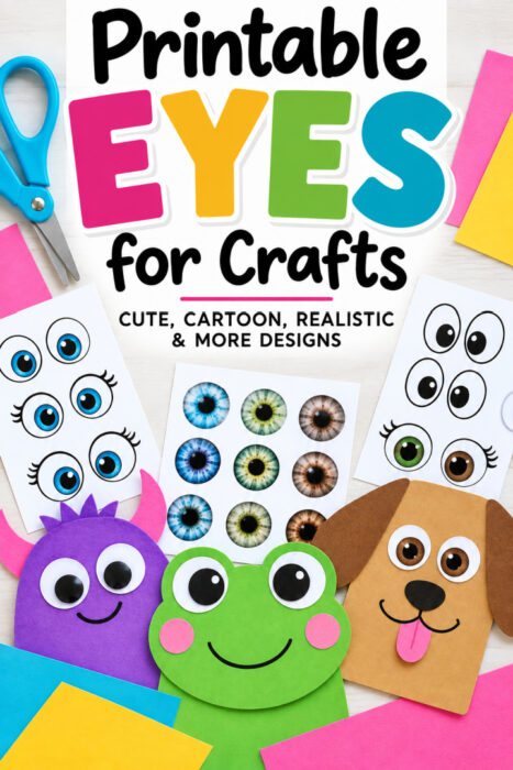 Pinterest graphic for printable eyes for crafts featuring cute cartoon, realistic, and colorful eye designs with paper monster, frog, and dog craft examples.