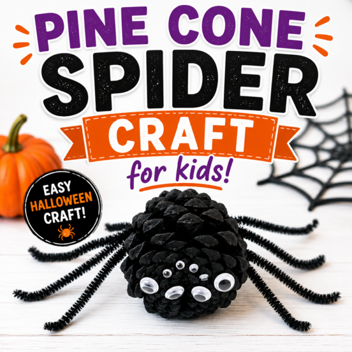 Pine cone spider craft for kids made with a black painted pine cone, pipe cleaner legs, and googly eyes for Halloween.