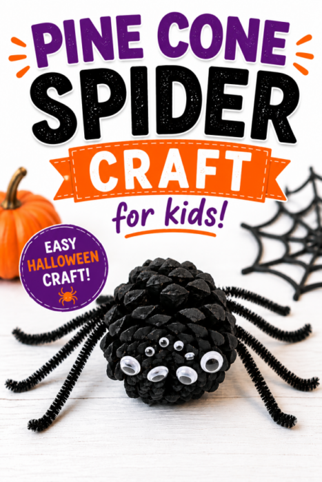 Pine cone spider craft for kids featuring a black pine cone spider with pipe cleaner legs and googly eyes, an easy Halloween craft activity.