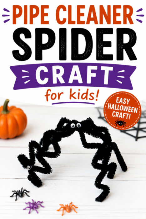 Pipe cleaner spider craft for kids made with black pipe cleaners and googly eyes, an easy Halloween craft activity for kids.