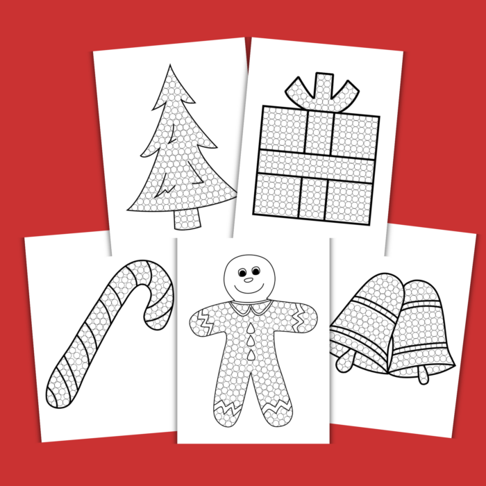 Free Christmas Q Tip painting templates for kids featuring a Christmas tree, present, candy cane, gingerbread man, and Christmas bells.
