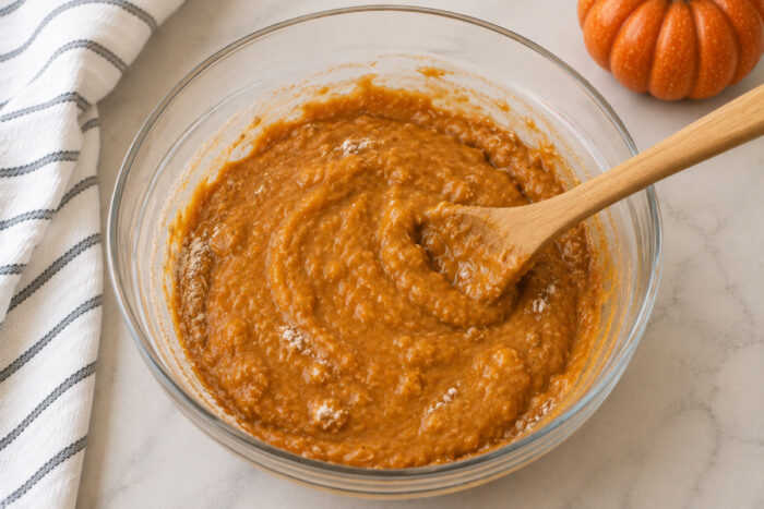 Pumpkin bread batter being gently stirred as the wet and dry ingredients are combined.