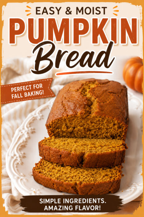 Easy and moist pumpkin bread recipe with sliced homemade pumpkin bread on a plate, perfect for fall baking.