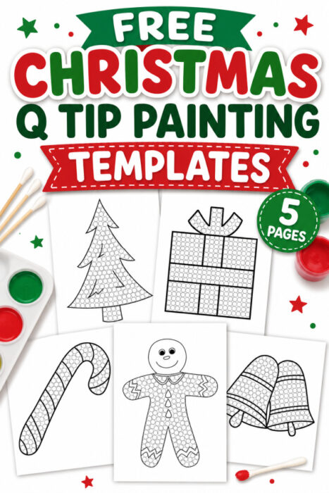 Free Christmas Q Tip painting templates for kids featuring a Christmas tree, present, candy cane, gingerbread man, and Christmas bells.