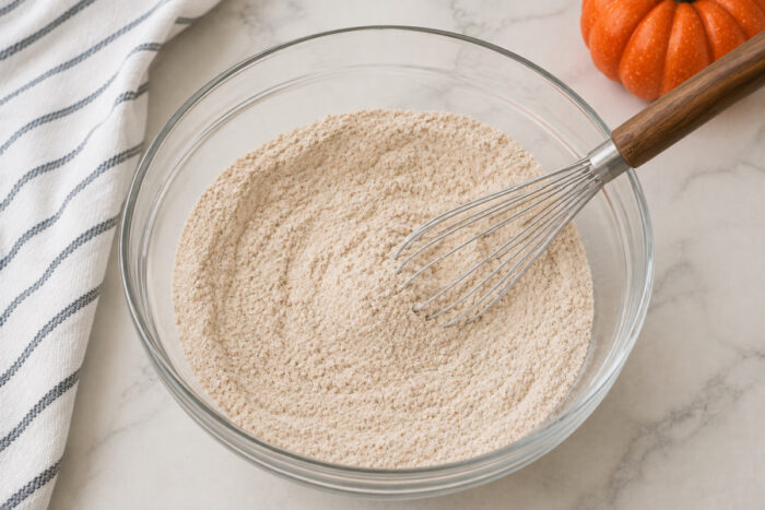 Mixed flour, sugar, cinnamon, baking soda, baking powder, salt, and pumpkin pie spice in a bowl for moist pumpkin bread.