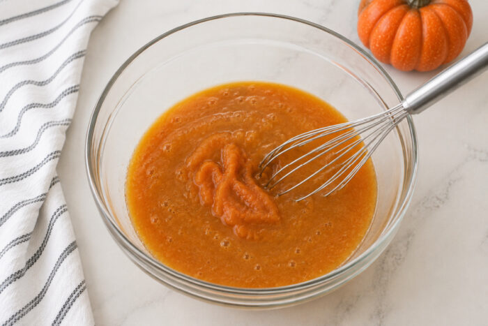 Pumpkin puree, vegetable oil, vanilla, eggs, and water mixed together in a bowl for moist pumpkin bread.