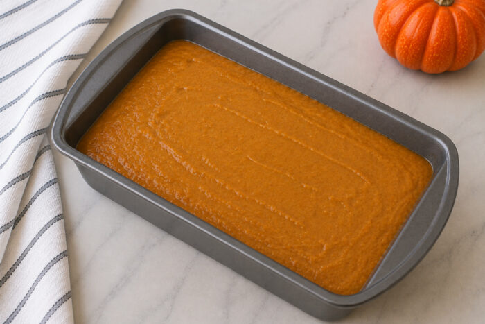 Moist pumpkin bread batter spread evenly in a prepared loaf pan before baking.