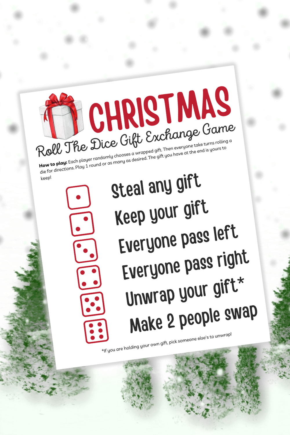 Christmas Dice Game Printable  Roll The Dice Gift Exchange Game