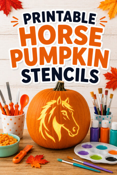 Pinterest pin for printable horse pumpkin stencils featuring a glowing horse carved into a pumpkin, pumpkin carving tools, paint supplies, and colorful fall leaves on a light wood background with the title "Printable Horse Pumpkin Stencils."