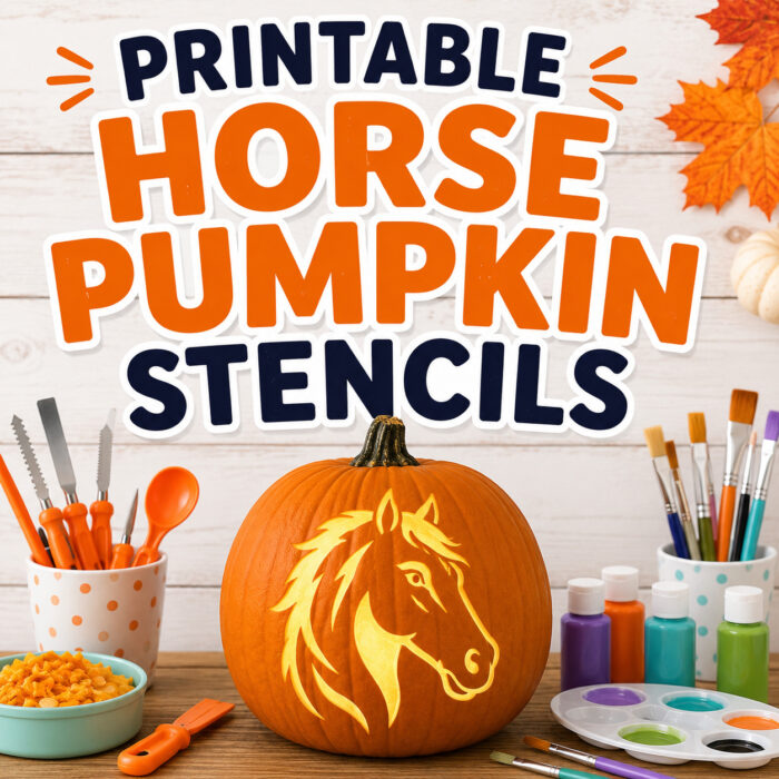Printable horse pumpkin stencils Pinterest pin featuring a glowing carved horse pumpkin, pumpkin carving tools, paint supplies, and colorful fall leaves on a light wood background for Halloween carving and painting ideas.