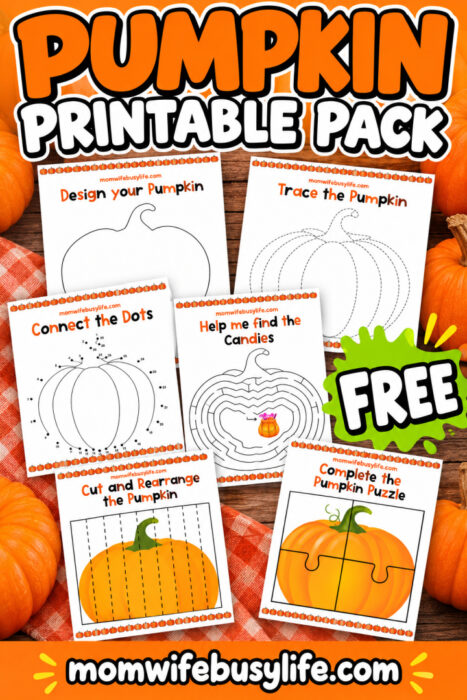 Free printable pumpkin activities for kids including pumpkin tracing, dot to dot, maze, cutting activity, puzzle, and design-a-pumpkin page.