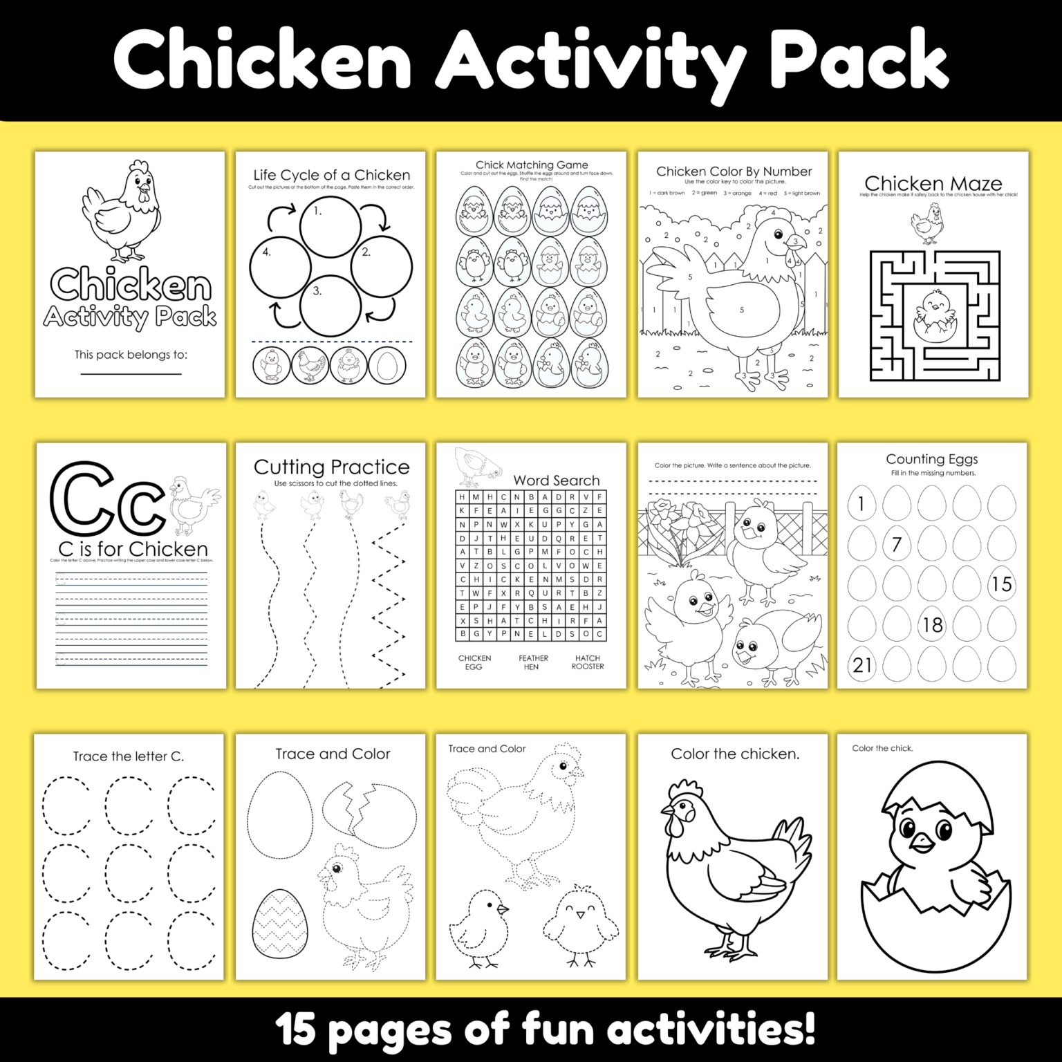 Chicken Activity Pack Printable for Kids (Easy Farm-Themed Worksheets ...