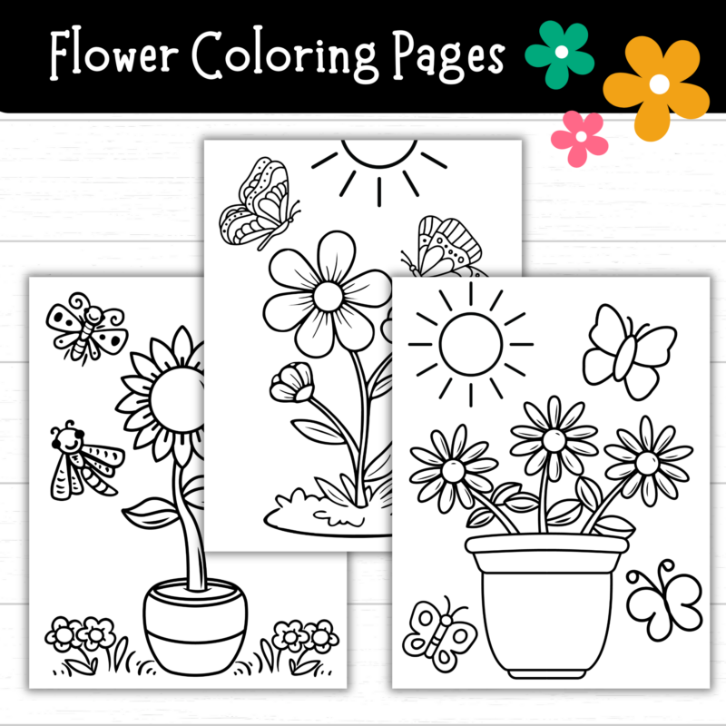 Printable Flower Coloring Pages (4 Sets)