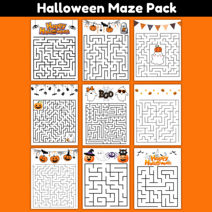 Halloween Maze Printable Pack featuring 9 different Halloween maze worksheets for kids with pumpkins, ghosts, bats, spiders, and festive Halloween designs.