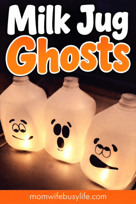 Three glowing milk jug ghosts with funny black ghost faces for an easy Halloween craft and decoration.