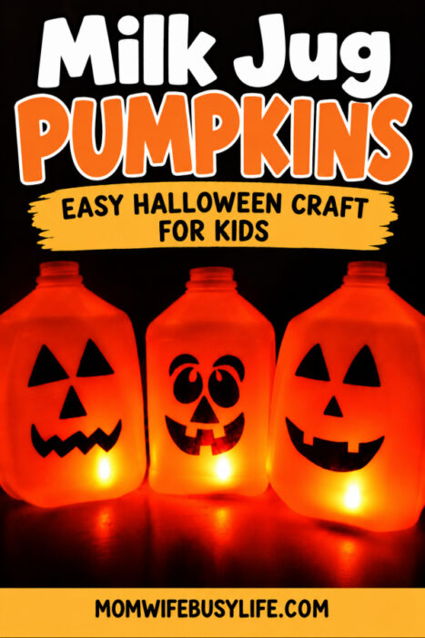 Milk jug pumpkins glowing with orange flameless lights for an easy Halloween craft for kids
