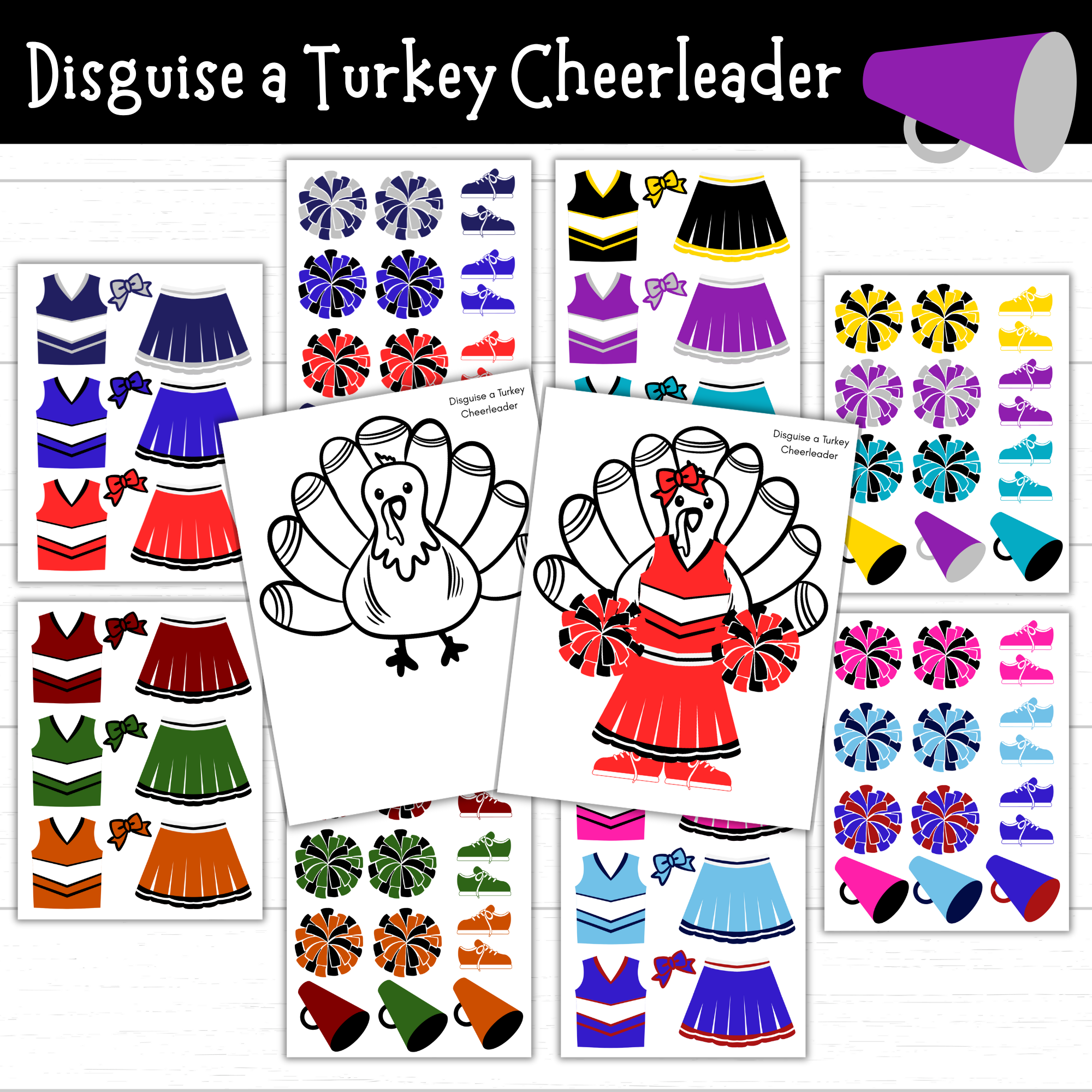 printable disguise a turkey cheerleader (6 sets) - mom. wife. busy