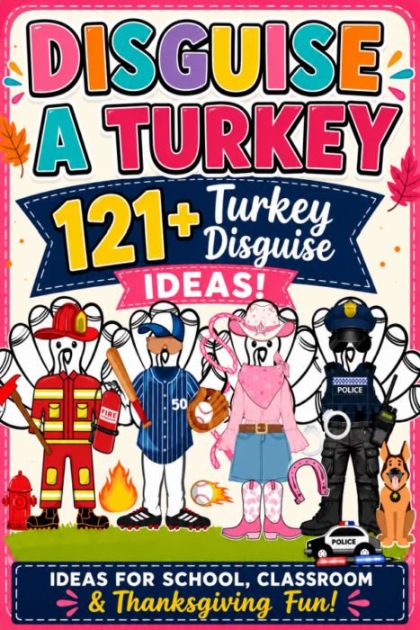 121+ Disguise a Turkey ideas for kids featuring firefighter, baseball player, cowgirl, and police officer turkey disguises for Thanksgiving school and classroom projects.