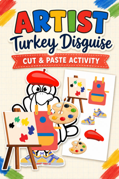 Artist Turkey Disguise printable featuring a turkey wearing a red beret and apron with a paint palette, easel, sneakers, and cut-and-paste accessories.