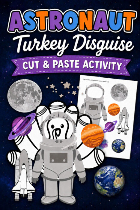 Astronaut Turkey Disguise printable showing a turkey in a spacesuit with planets, Earth, the moon, a space shuttle, and cut-and-paste accessories.