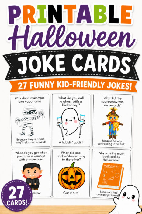 Printable Halloween joke cards for kids featuring 27 funny, kid-friendly Halloween jokes with ghosts, pumpkins, mummies, vampires, scarecrows, and other Halloween characters.