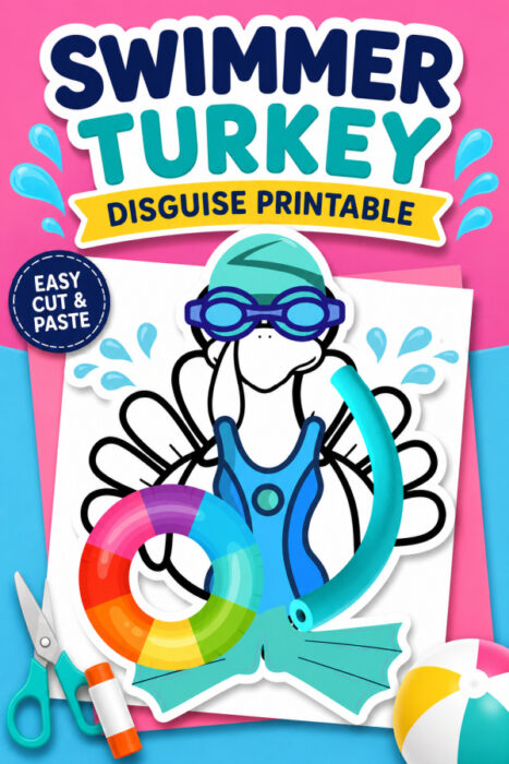 Swimmer turkey disguise printable featuring a turkey dressed with a swim cap, goggles, swimsuit, pool float, snorkel, and flippers for a Thanksgiving cut-and-paste activity for kids.