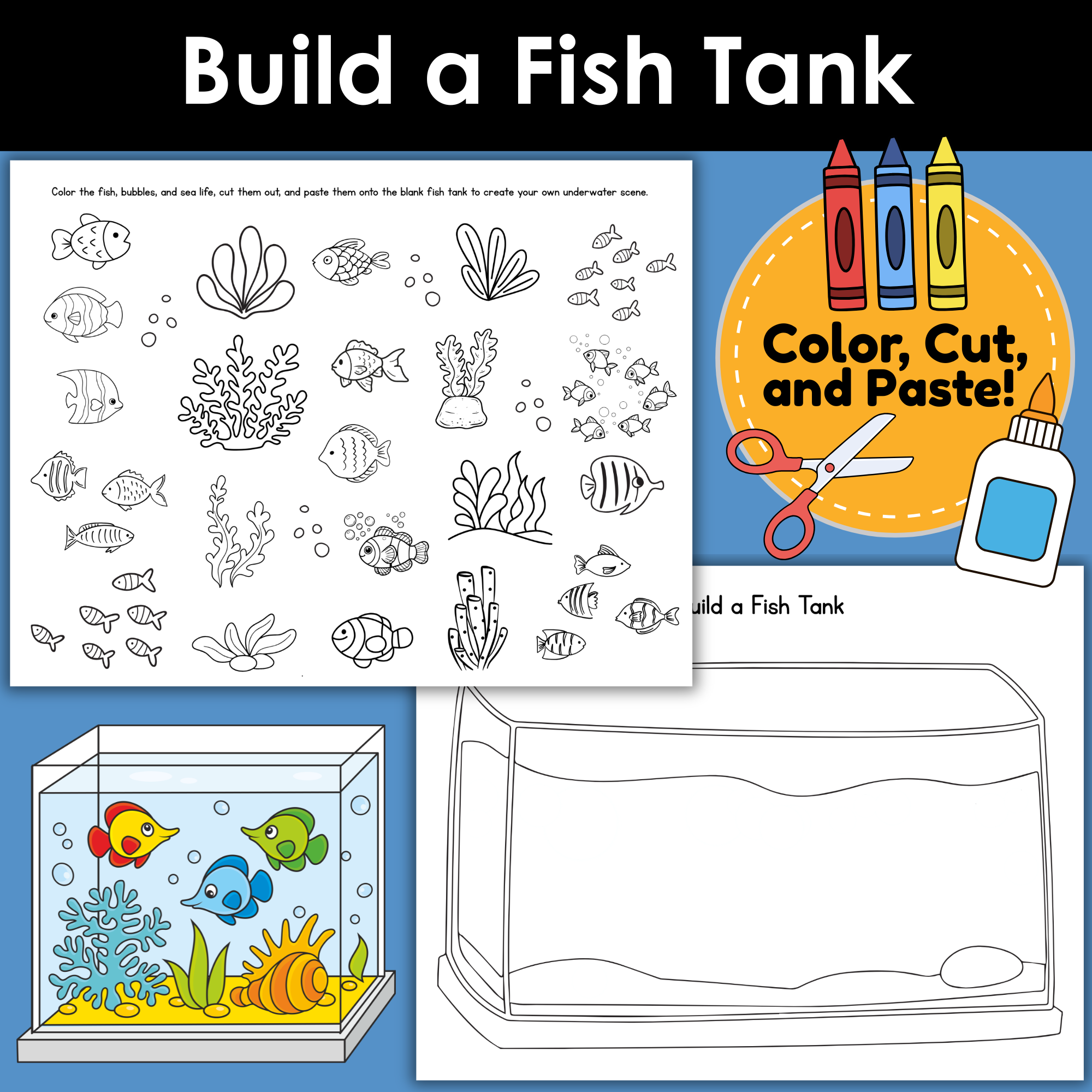 Build a Fish Tank Printable Coloring Activity for Kids | DIY Aquarium Craft for Creative Play