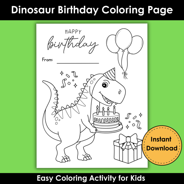 Dinosaur birthday coloring page printable for kids featuring a cute T-Rex wearing a party hat, holding a birthday cake, with balloons, confetti, and a wrapped present. Black-and-white Happy Birthday coloring sheet with space to write a name. Instant digital download for dinosaur birthday parties and classroom activities.
