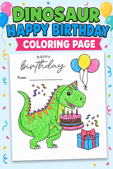 Happy birthday dinosaur coloring page for kids featuring a cute dinosaur with a birthday cake and balloons.