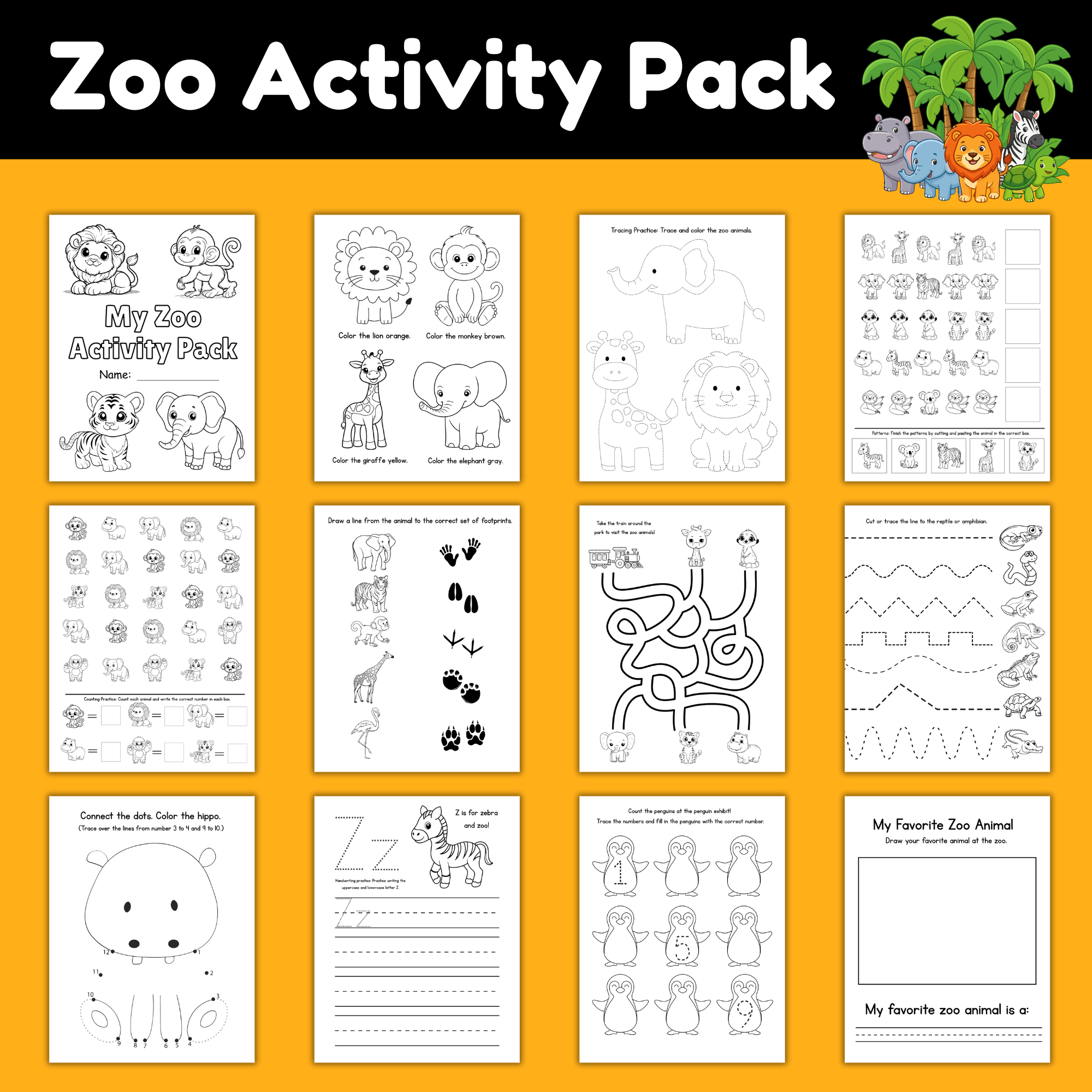 Printable Zoo Activity Pack for Preschool & Kindergarten (12 Fun Zoo Animal Worksheets)
