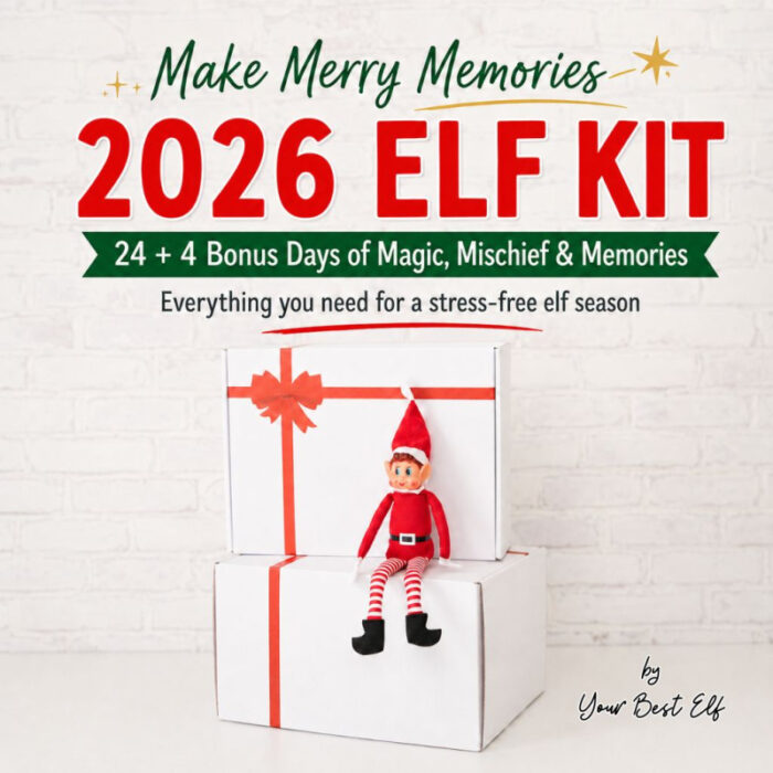 2026 Christmas elf kit featuring 24 days plus 4 bonus days of holiday activities, displayed with a red-and-white elf sitting on stacked gift boxes.