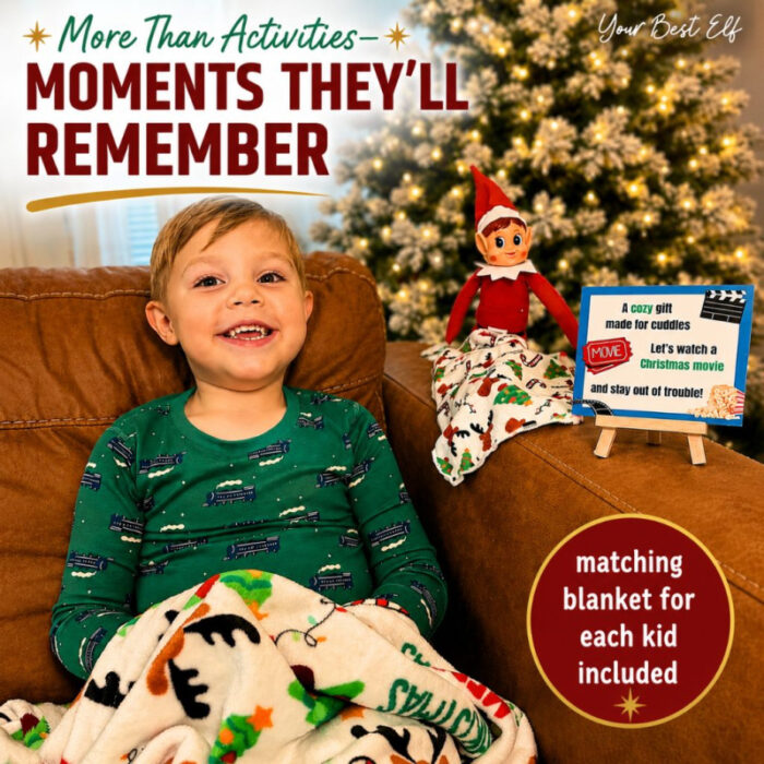 Young child enjoying a Christmas movie night with a festive blanket, holiday elf, decorated Christmas tree, and matching elf blanket activity.