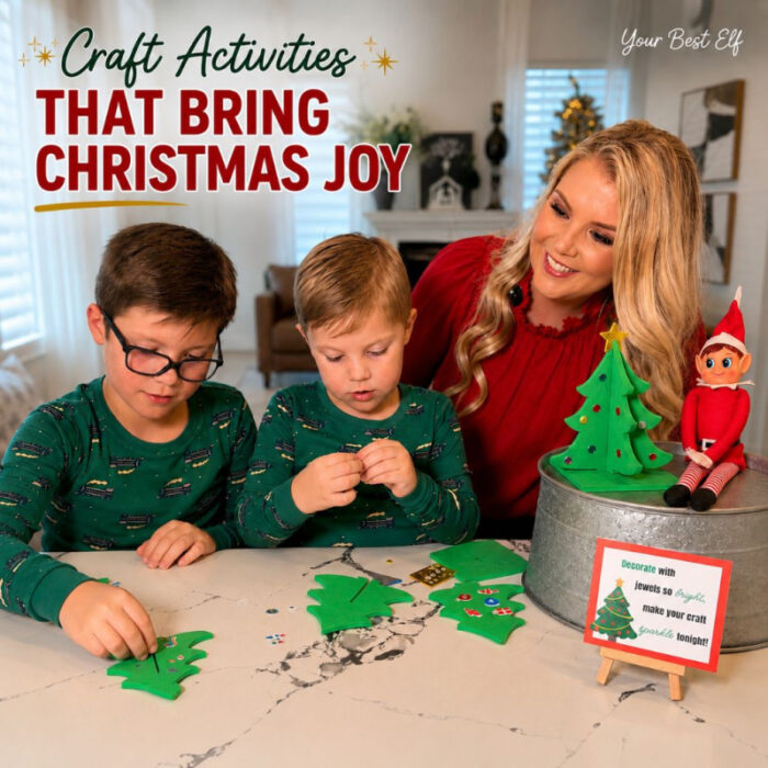 Christmas craft activity with two kids decorating green Christmas tree crafts while an adult and holiday elf watch, featuring a finished tree and festive activity sign.