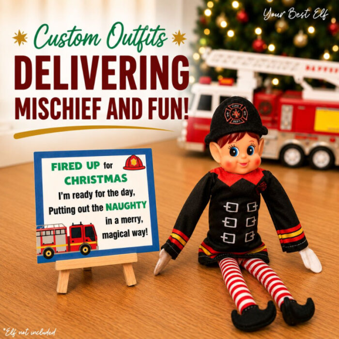 Christmas elf dressed in a firefighter outfit sitting beside a “Fired Up for Christmas” sign, with a toy fire truck and decorated Christmas tree in the background.