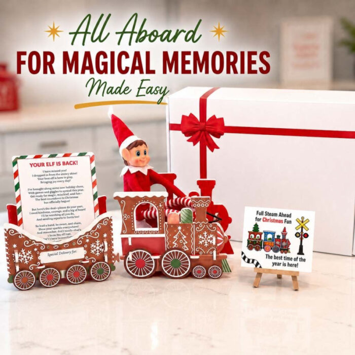 Christmas elf arrival display featuring a gingerbread train, welcome-back letter, holiday train sign, and large wrapped gift box for a magical Christmas tradition.