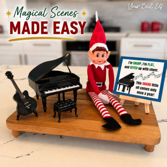 Christmas elf music scene featuring a miniature grand piano, guitar, piano bench, and festive music sign for an easy holiday elf setup.