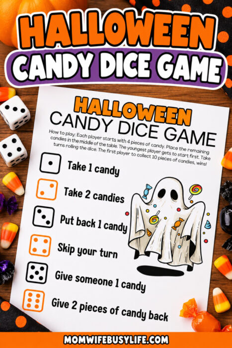 Printable Halloween candy dice game for kids with dice instructions, candy pieces, and a ghost illustration for a fun Halloween party activity.