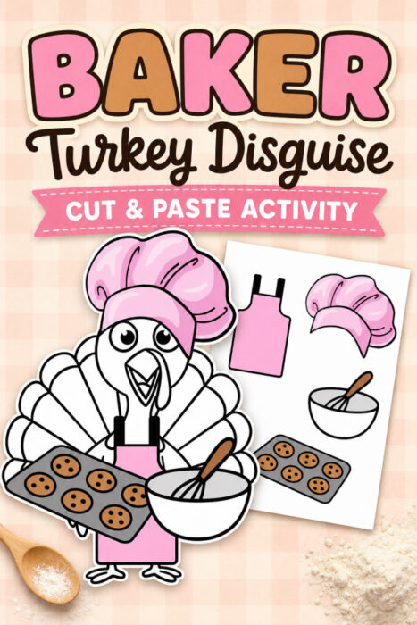 Baker Turkey Disguise printable featuring a turkey in a pink chef’s hat and apron holding a mixing bowl, whisk, and tray of cookies.