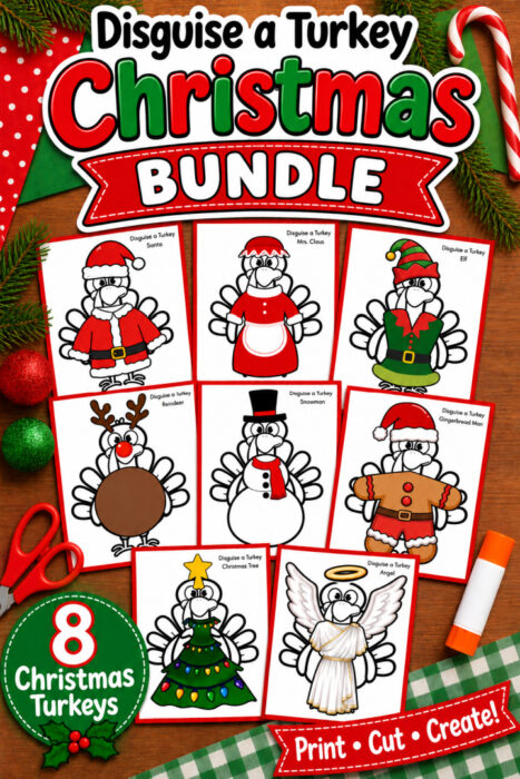 Christmas Disguise a Turkey Printable Bundle featuring 8 festive turkey designs including Santa, Mrs. Claus, elf, reindeer, snowman, gingerbread man, Christmas tree, and angel.
