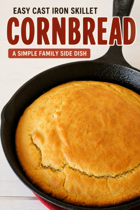 Cast iron skillet cornbread Pinterest pin featuring golden homemade cornbread baked in a cast iron skillet.