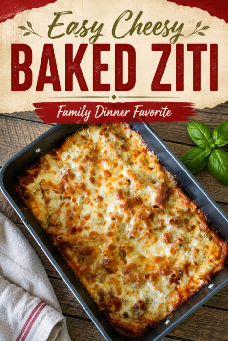 Easy baked ziti recipe with ground beef, tomato sauce, ziti pasta, and melted mozzarella cheese in a baking dish.