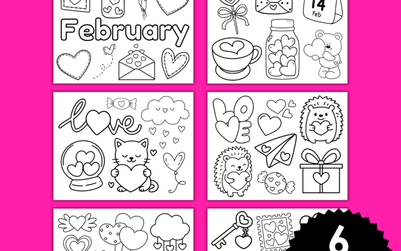 Six-page February coloring pages printable pack for kids with Valentine’s Day heart designs, instant download PDF